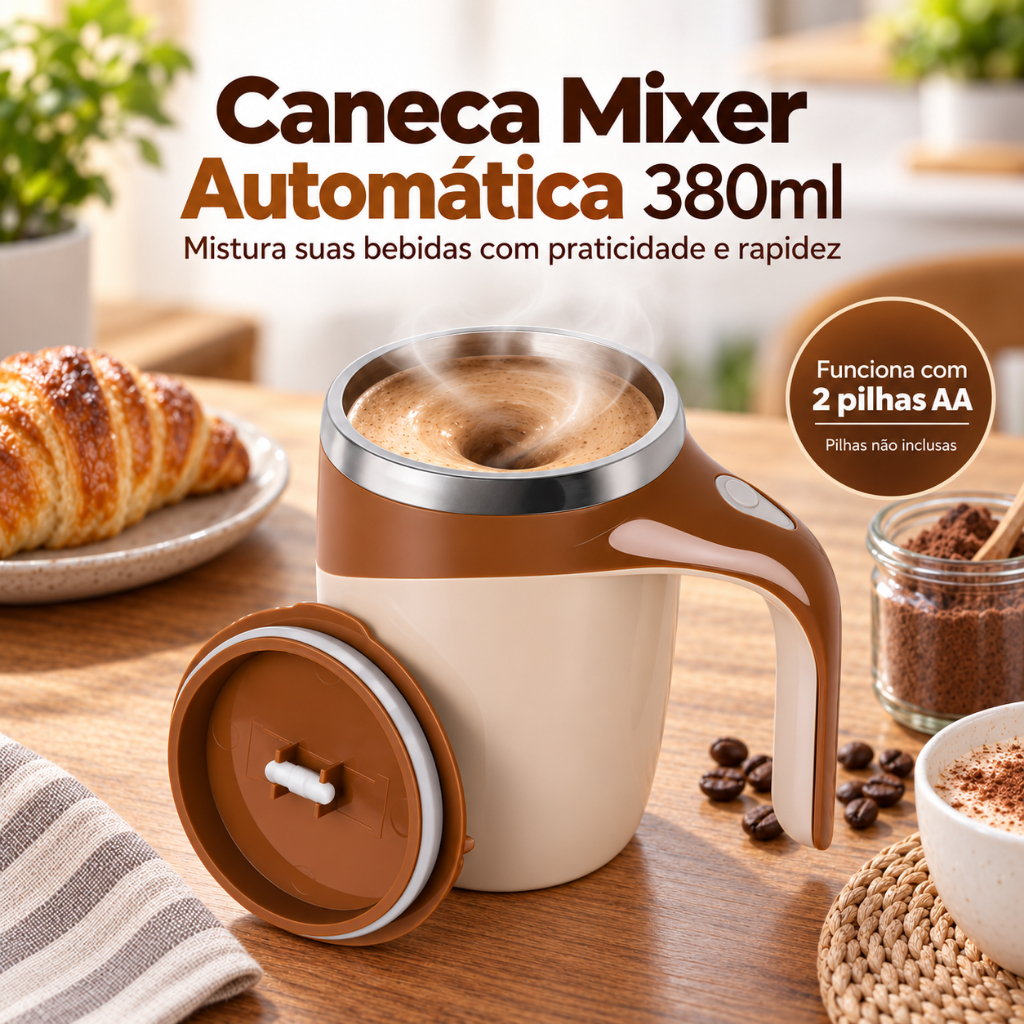 Caneca Mixer Automática portátil 380ml Inox com tampa Café Shake Whey Capuccino Misturador Elétrico