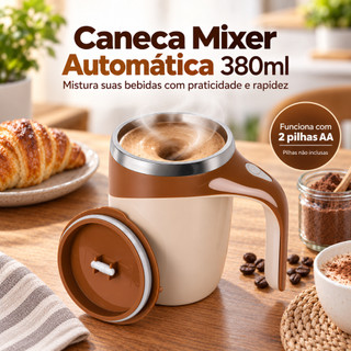 Caneca Mixer Automática portátil 380ml Inox com tampa Café Shake Whey Capuccino Misturador Elétrico
