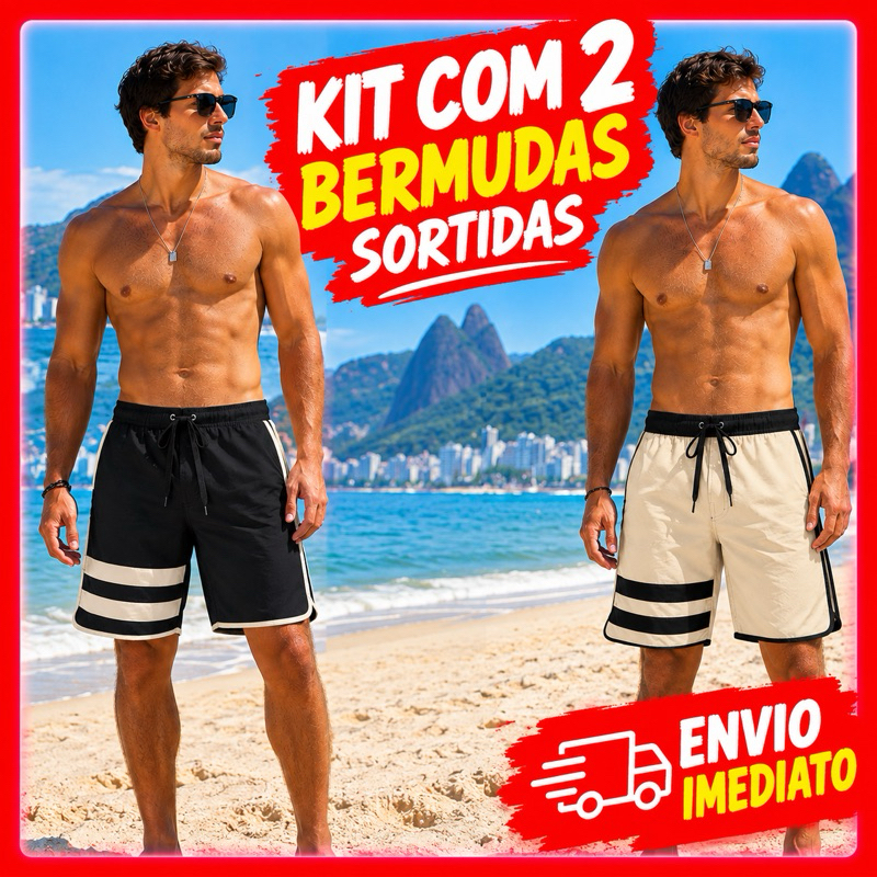 Kit 2 Bermuda Masculina Exercício Leve Tactel Short Praia Elastano Premium Surf Casual Piscina | ENVIO IMEDIATO