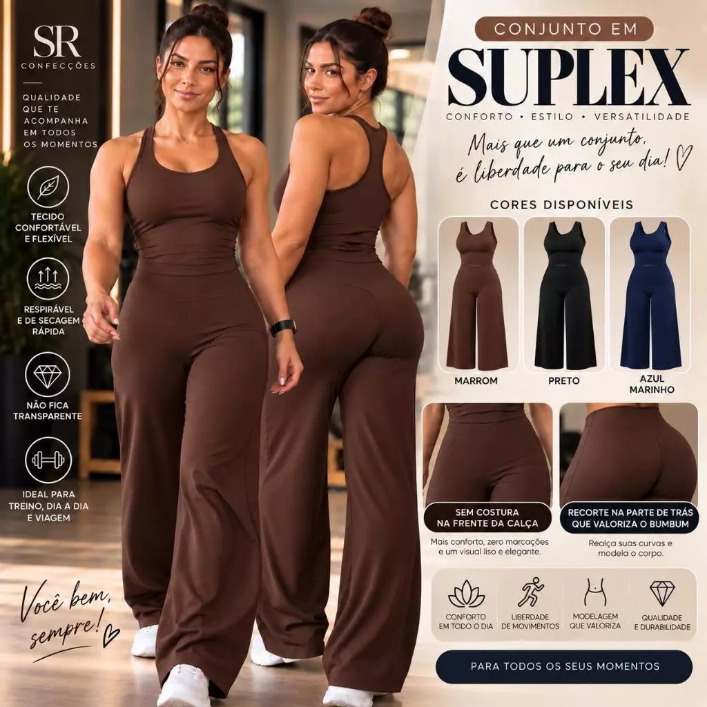 Conjunto feminino calça wide leg sem costura frontal e Regata nadadora multifuncional fitness casual — imagem 1