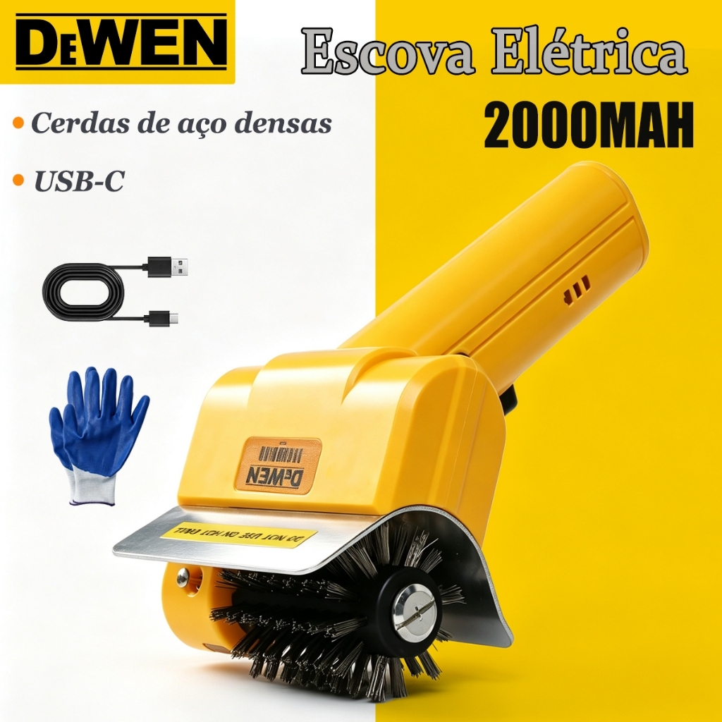 Escova Elétrica Para Churrasqueira, Cerdas de Aço Rotativas Densas Bateria 2000mAh, Carregamento USB-C Para Uso Externo