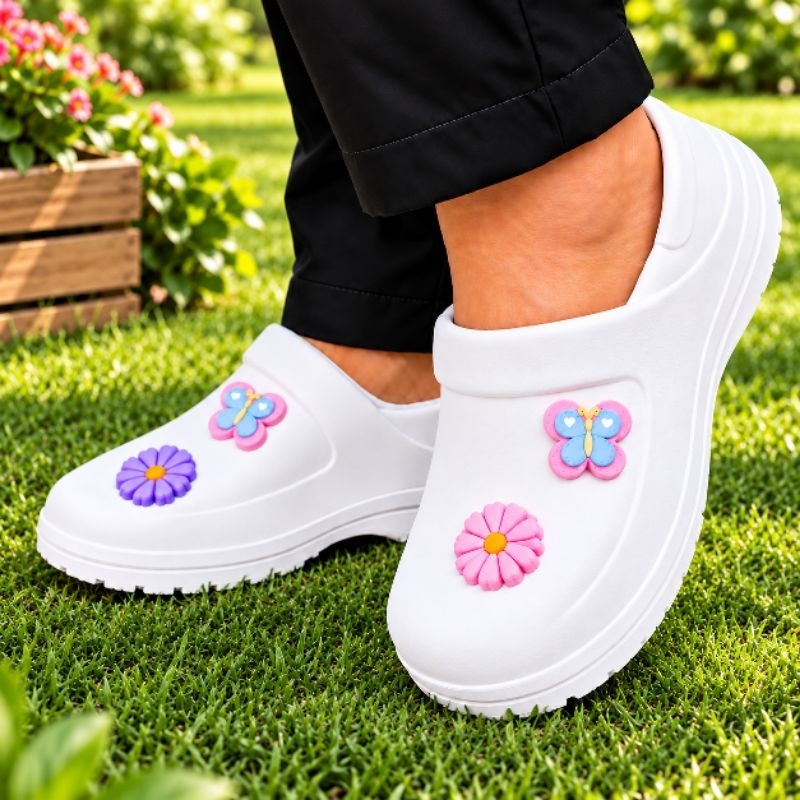 Sapato de Segurança Babuche Flores Profissional Eva Serviço Geral Cozinha Limpeza Antiderrapante Leve (Nr-32 Flôres)