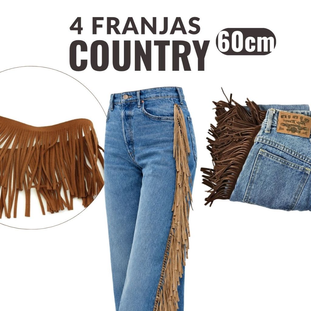 Kit 4 Franjas Country de Camurça Termocolante 60cm - Aplicação Fácil Ferro