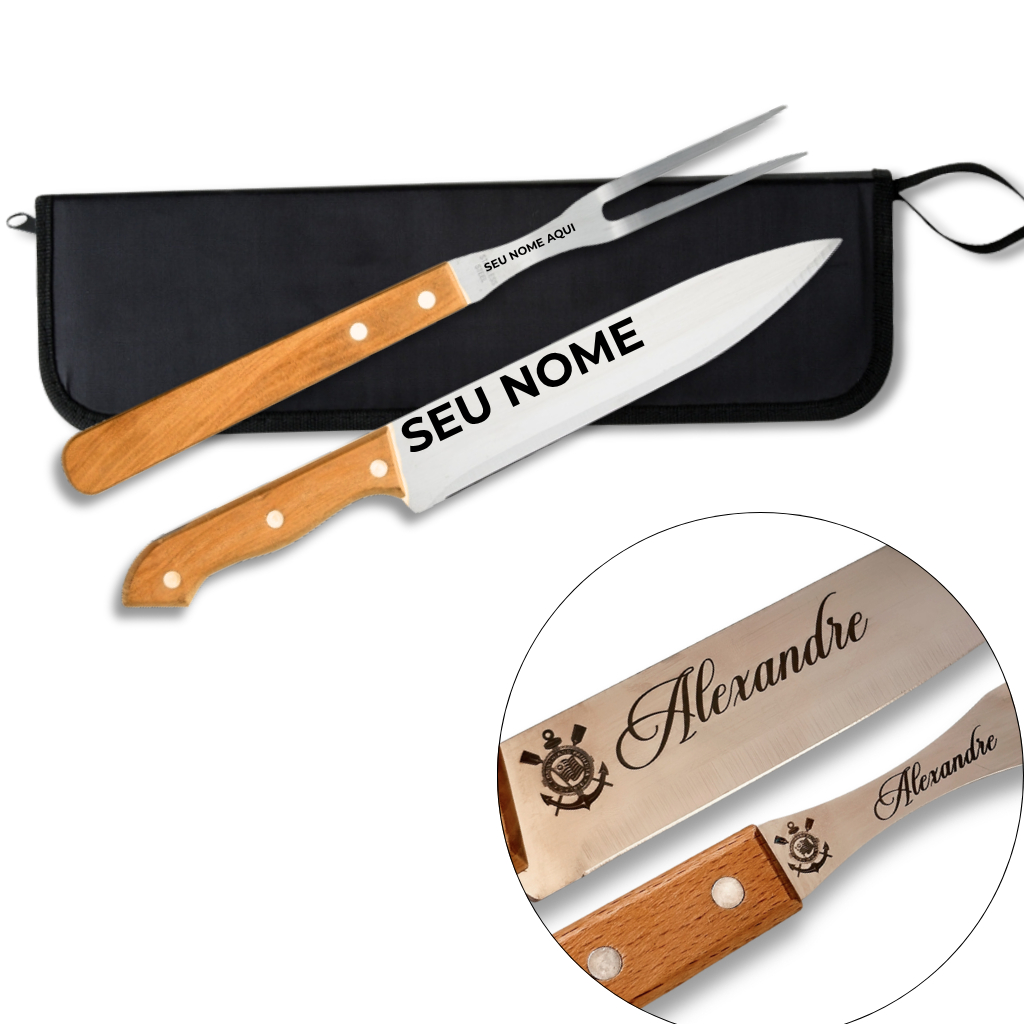 Kit Churrasco Personalizado a Laser com Garfo + Faca + Estojo