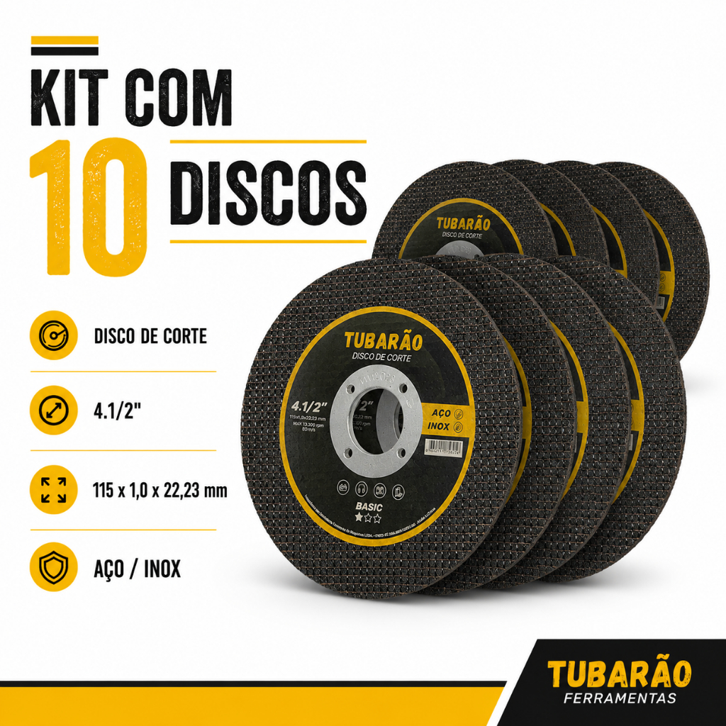 10 Disco de Corte 4.1/2" x 1,00mm Furo 7/8" Inox e Metal - Tubarão