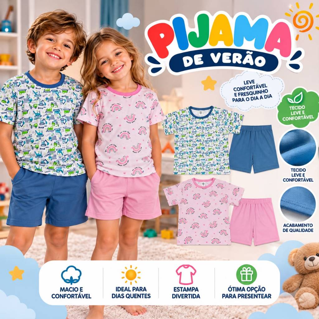 Pijama Infantil Menino femina Masculino Feminino Verão  tamanho 1 ao 16 sortidos