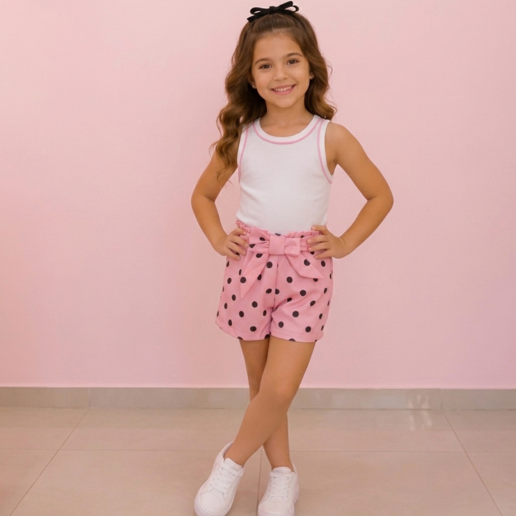 conjunto infantil menina short poa + regata bicolor blusinha kit infantil verão moda blogueira regatinha estampada
