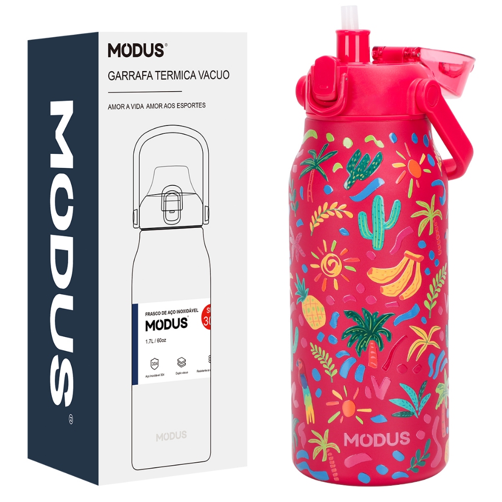 MODUS Garrafa de Água Térmica 1700ml Aço Inox Parede Dupla Quente e Frio Com Estampa Moderna
