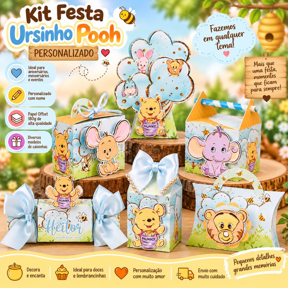 Kit Festa Personalizado Infantil Ursinho Pooh | Caixinhas Lembrancinhas Ursinho Pooh | Festa Aniversário com Nome
