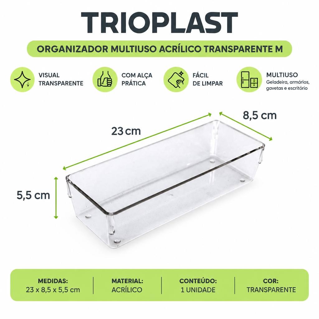 Organizador Multiuso Acrílico Transparente Com Alça 23x8,5x5,5cm Para Geladeira E Armário