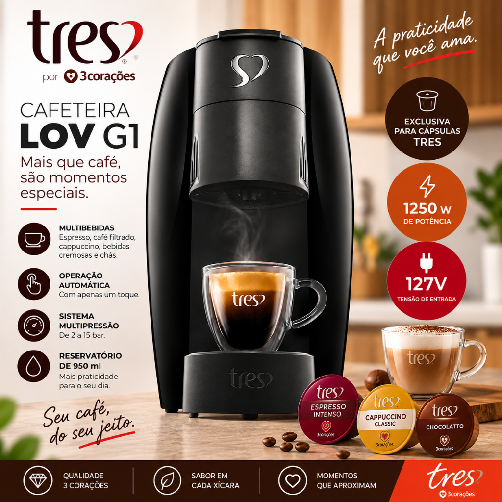 Cafeteira Espresso TRES 3 Corações LOV G1 Automática Multibebidas Preta 1250W 127V