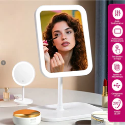 USB Espelho LED de Mesa Touch Recarregável para Maquiagem com Base Porta Objetos e 3 cores de luz
