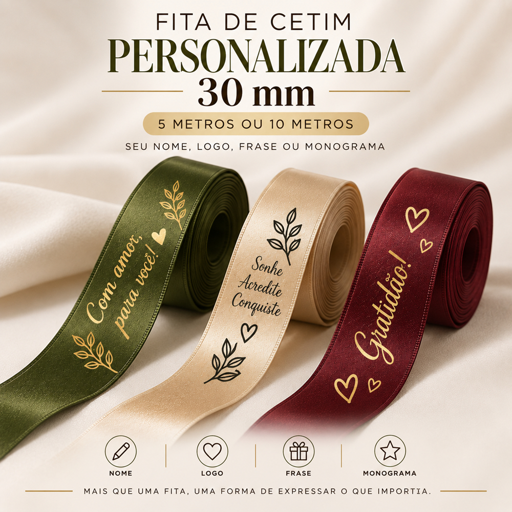 Fita de Cetim Personalizada 30mm | 5m ou 10m | Para Embalagens, Convites e Lembranças