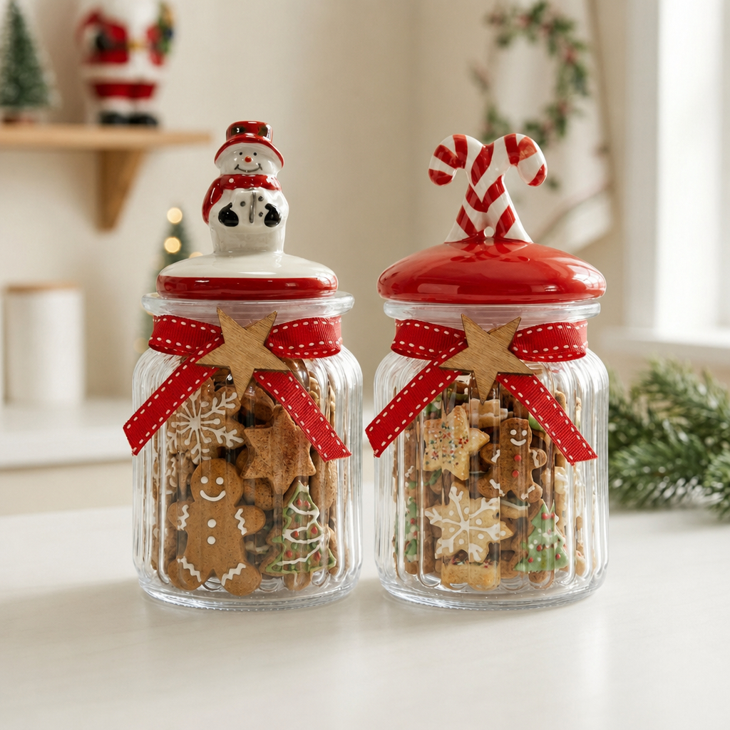 Kit 2 Potes De Vidro 300ml Natalinos Com Tampas Decoradas