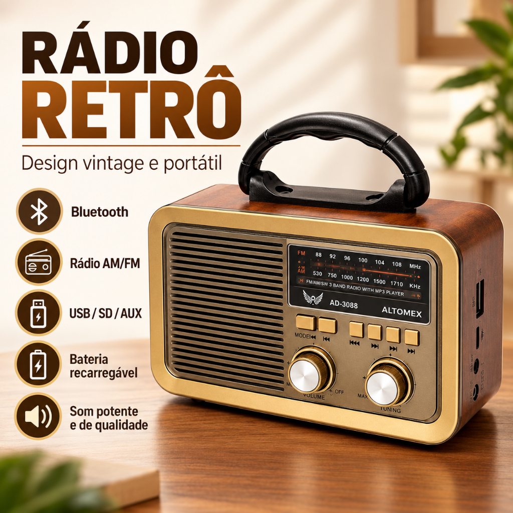 Rádio Retrô Portátil Altomex AD-3088 Bluetooth AM/FM USB Cartão SD AUX Bateria Recarregável Bivolt