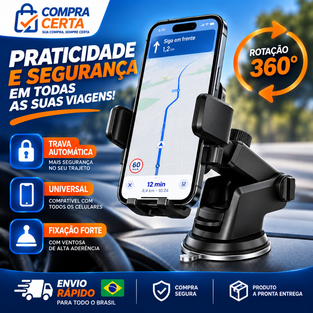 Suporte Celular GPS Veicular Carro Universal 360° H'Maston CJ-02 Trava Automática Ajustável