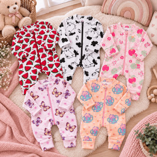 Kit 5 Macacão de Bebê Roupa Menina Estampado Ziper Animado Estampado Algodão Verão Maternidade