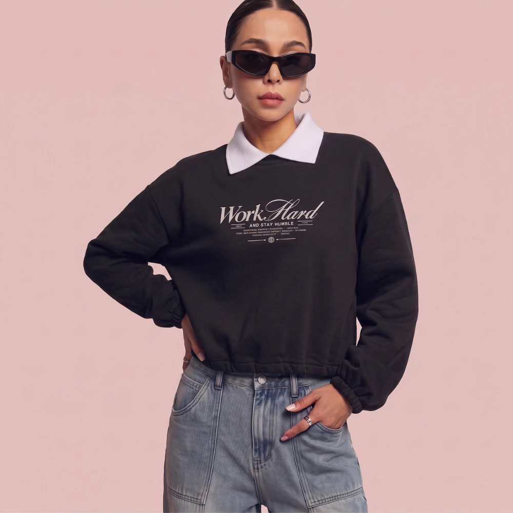 Blusa de moletom feminino flanelado, moda inverno, gola polo, tendencia inverno — imagem 1