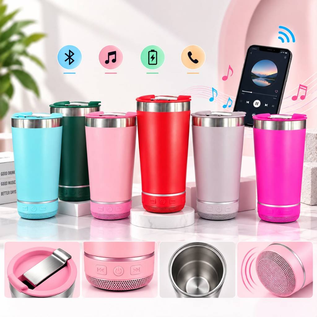 Copo Térmico Inox Com Caixa de Som Bluetooth  com tampa abridor Led RGB 420ML