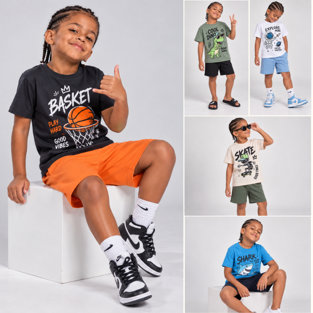 Conjunto Infantil Masculino Verão Premium Roupa para Calor Menino 1 a 8 anos Sortido Blusa e Bermuda