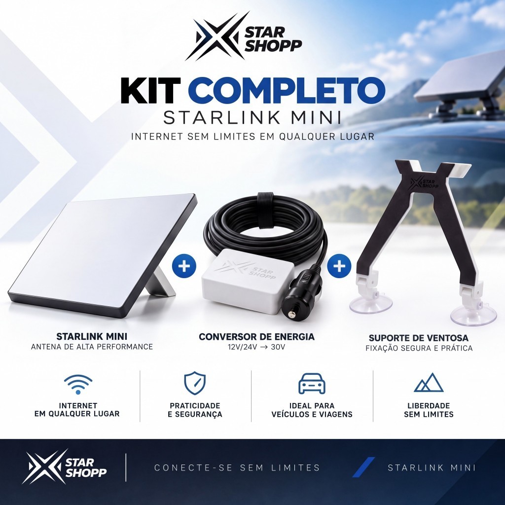 Kit Original Antena Starlink Mini + Conversor 12/30v + Suporte 2 ventosas
