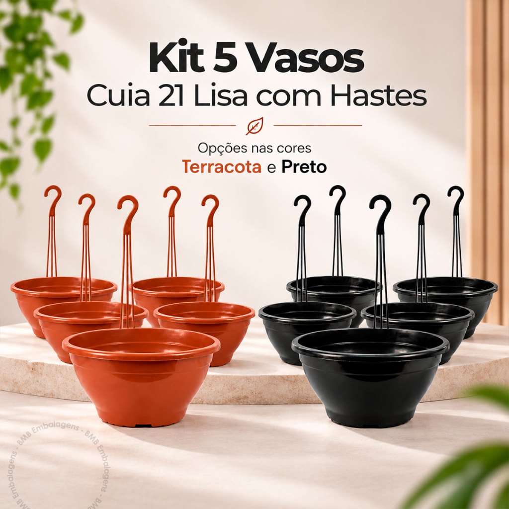 Kit 5 Vaso Cuia 21 Lisa + Haste 43cm Acabamento Qualidade Premium Resistente Pendurar Samambaia Rosa do Deserto Flor