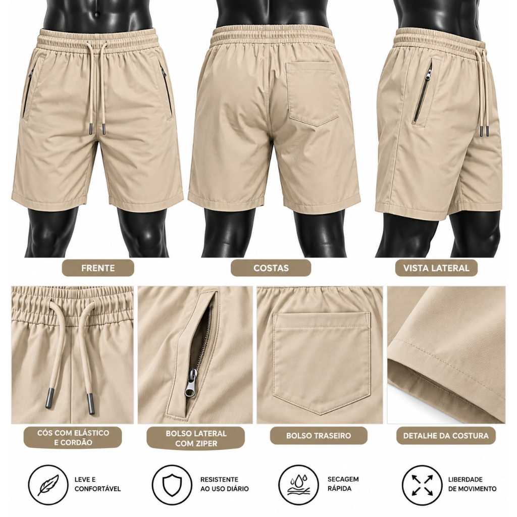 Bermuda Masculina Poliamida com Elastano Cós Elástico Cordão Bolsos com Zíper Casual