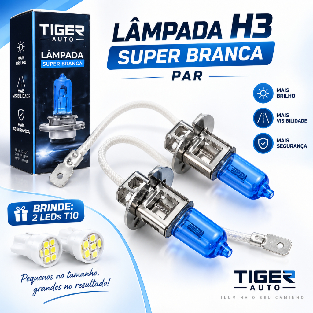 Par De Lâmpada super branca h3 + Led Lanterna T10 Brinde par 12v 55w 8500k