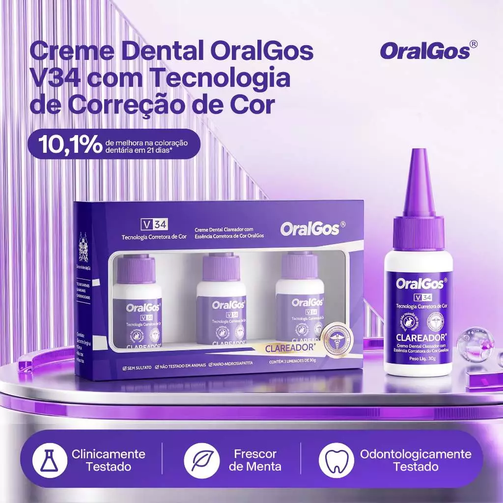 OralGos Pasta de Dente Corretiva De Cor Roxa V34, Sem Flúor, Menta,Correção Óptica de Cor,3x30g — imagem 1