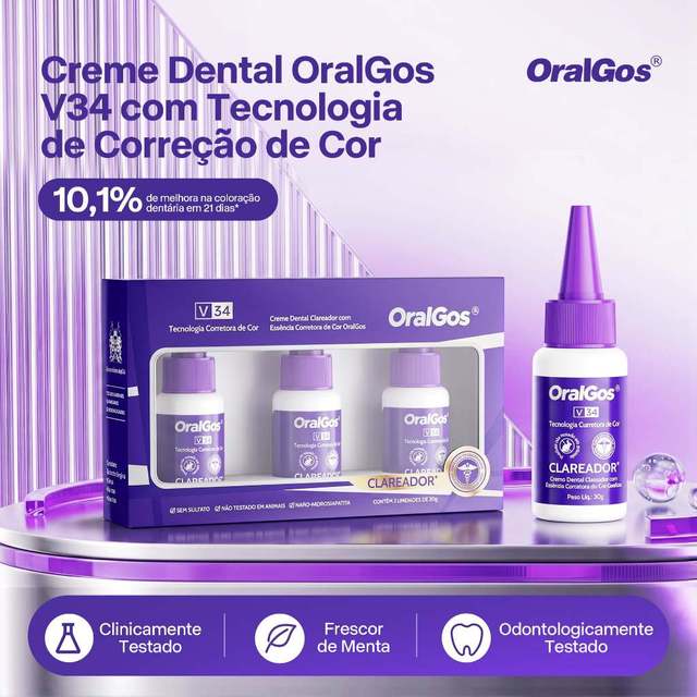 OralGos Pasta de Dente Corretiva De Cor Roxa V34, Sem Flúor, Menta,Correção Óptica de Cor,3x30g