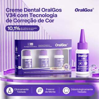 OralGos Pasta de Dente Corretiva De Cor Roxa V34, Sem Flúor, Menta,Correção Óptica de Cor,3x30g