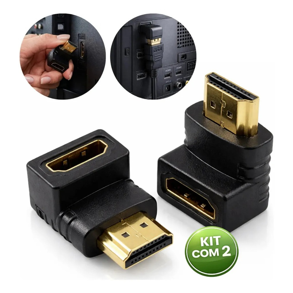 KIT com 2 Adaptador HDMI de 1 HDMI fêmea para 1 HDMI macho Skyway HDMI cotovelo 90