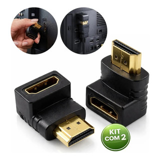 KIT com 2 Adaptador HDMI de 1 HDMI fêmea para 1 HDMI macho Skyway HDMI cotovelo 90