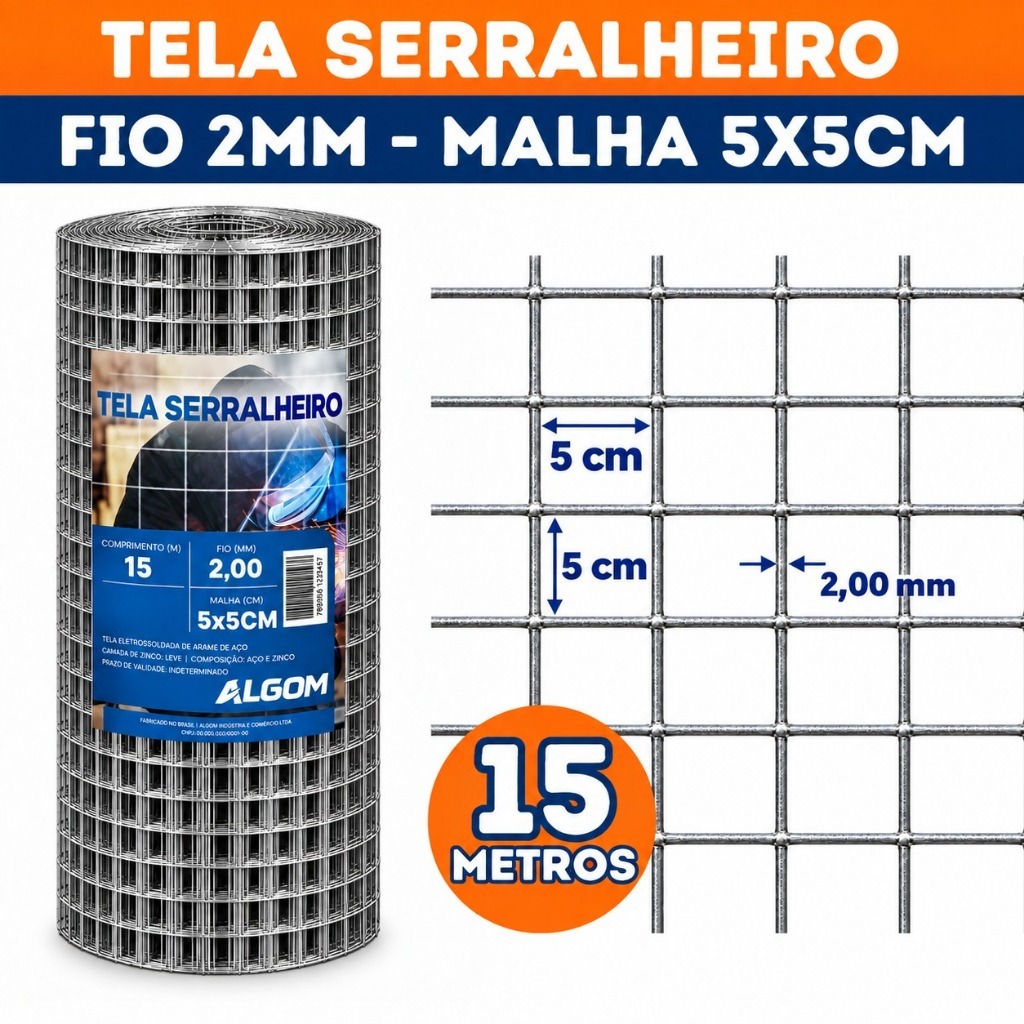 Tela Soldada Serralheiro 1,00m X 15m Fio 2,00mm Malha 5cm Algom