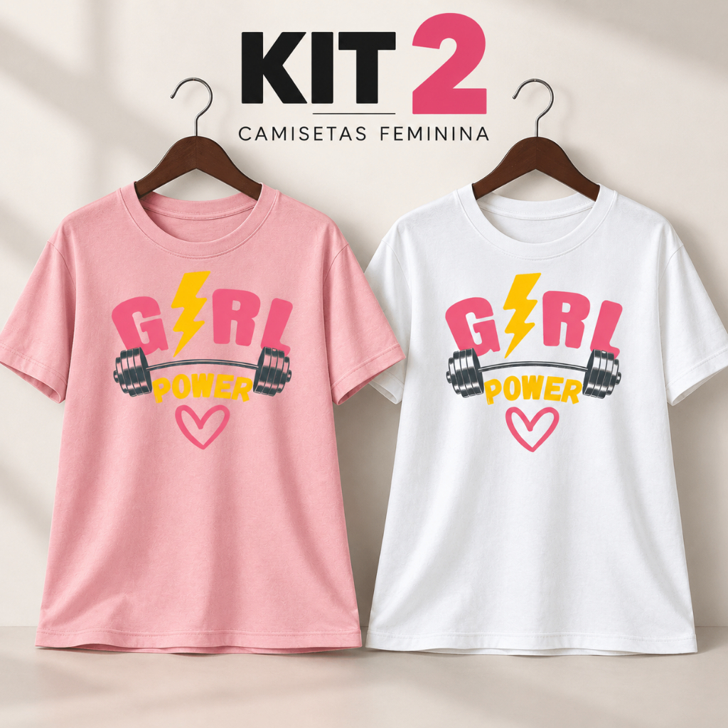 Kit 2 Camisetas Femininas Girl Power Academia Fitness Blusão Estilo Oversized Treino Moda Casual Poderosa Streetwear