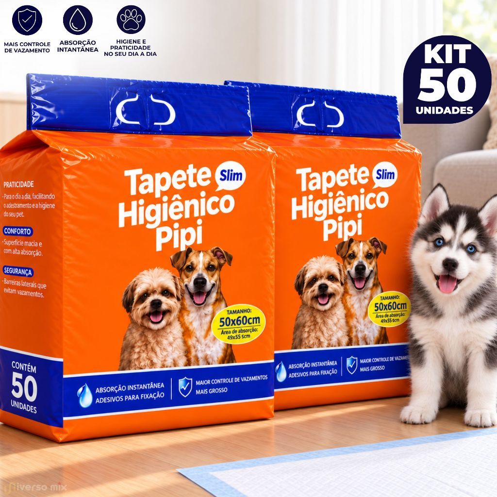 Kit 50 Tapetes Higiênico Pet Fralda Descartável Absorvente para Cachorro Adulto e Filhote - 50x60 cm