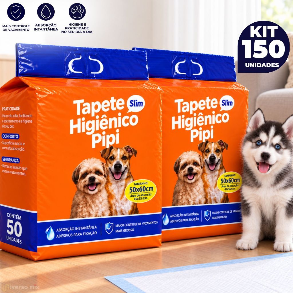 Kit 150 Tapetes Higiênico Pet Fralda Descartável Absorvente Cachorro Adulto e Filhote - 50x60 Cm