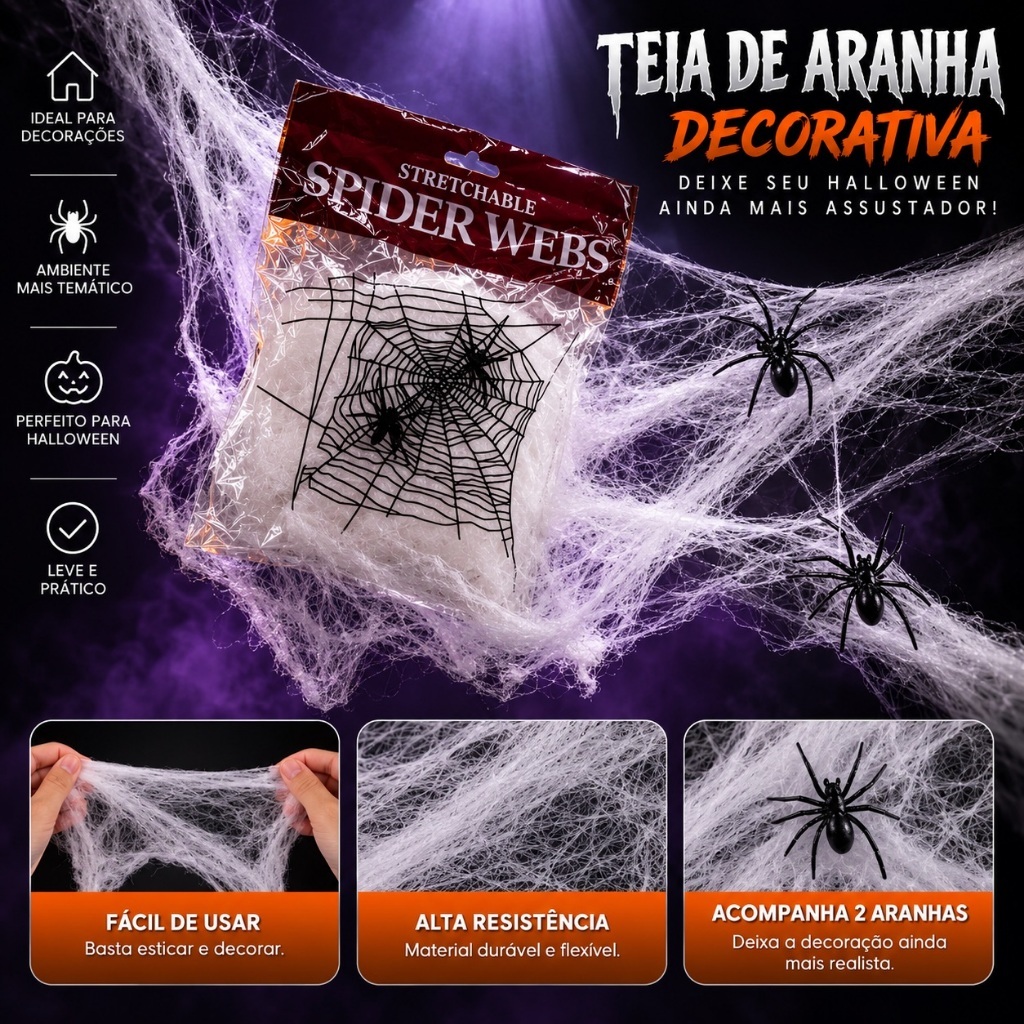 Kit 12 Teias de Aranha Artificial + 24 Mini Aranhas Decoração Dia das Bruxas e Festa Halloween Mesa Mesa Posta