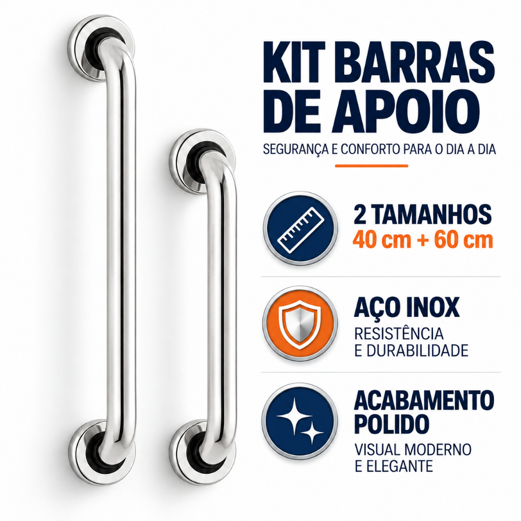 Kit 2 Barra de Apoio Banheiro 60cm e 40cm Idoso Deficiente Corrimão Segurança Anti Queda Parede