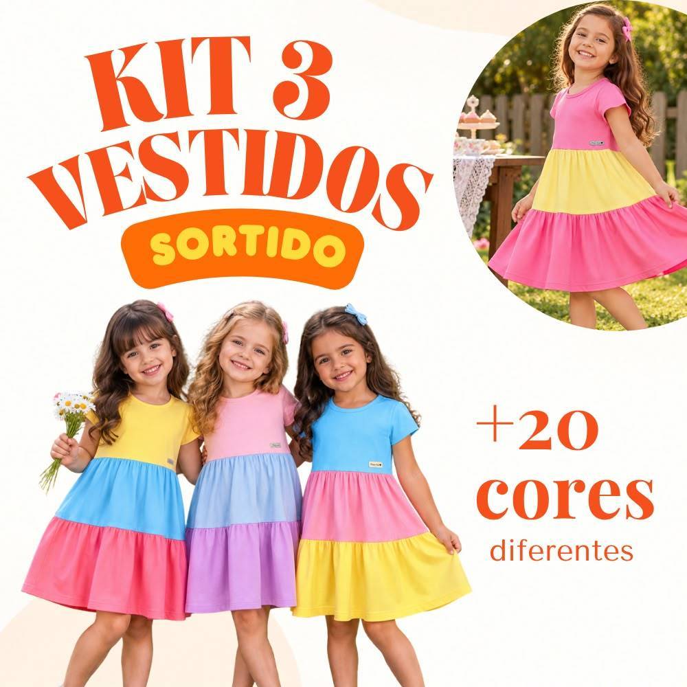 Kit 3 Vestidos Infantil Menina 3 Marias 100% Algodão Verão Feminino colorido Sortido Tam 2 ao 12