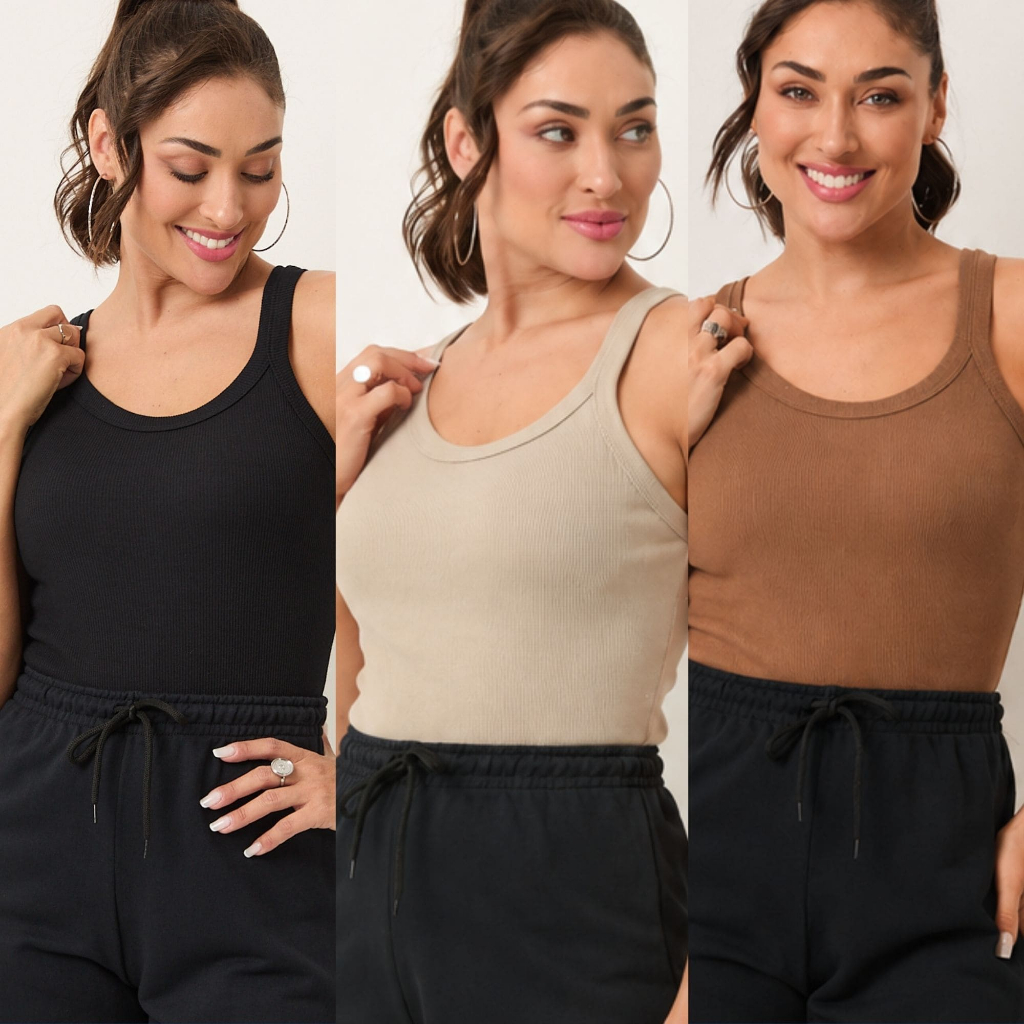 KIT 3 Regatas Femininas Caneladas Algodão Alça Larga, Blusa Básica Ajustada Confortável Casual para Verão e Dia a Dia