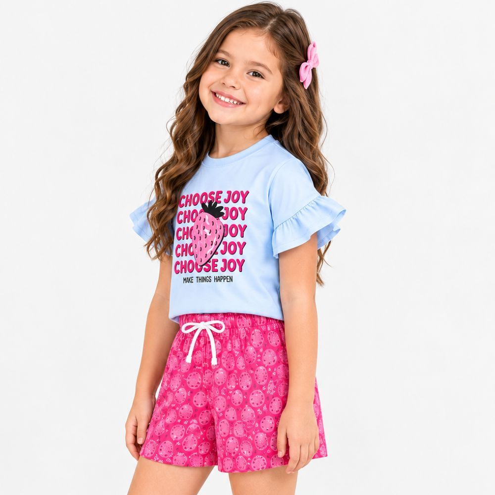 Conjunto Infantil Menina Blusa Meia Malha com Babado na Manga Shorts Confortável Poliflex Estampado