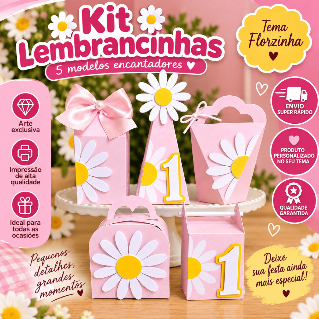 Kit Lembrancinhas Festa Jardim Florzinha Personalizado | Caixinhas Margaridas rosa