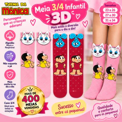 Meia 3/4 Infantil 3D Cano Longo Personagens Oficiais Turma da Mônica Snoopy Hello Kitty
