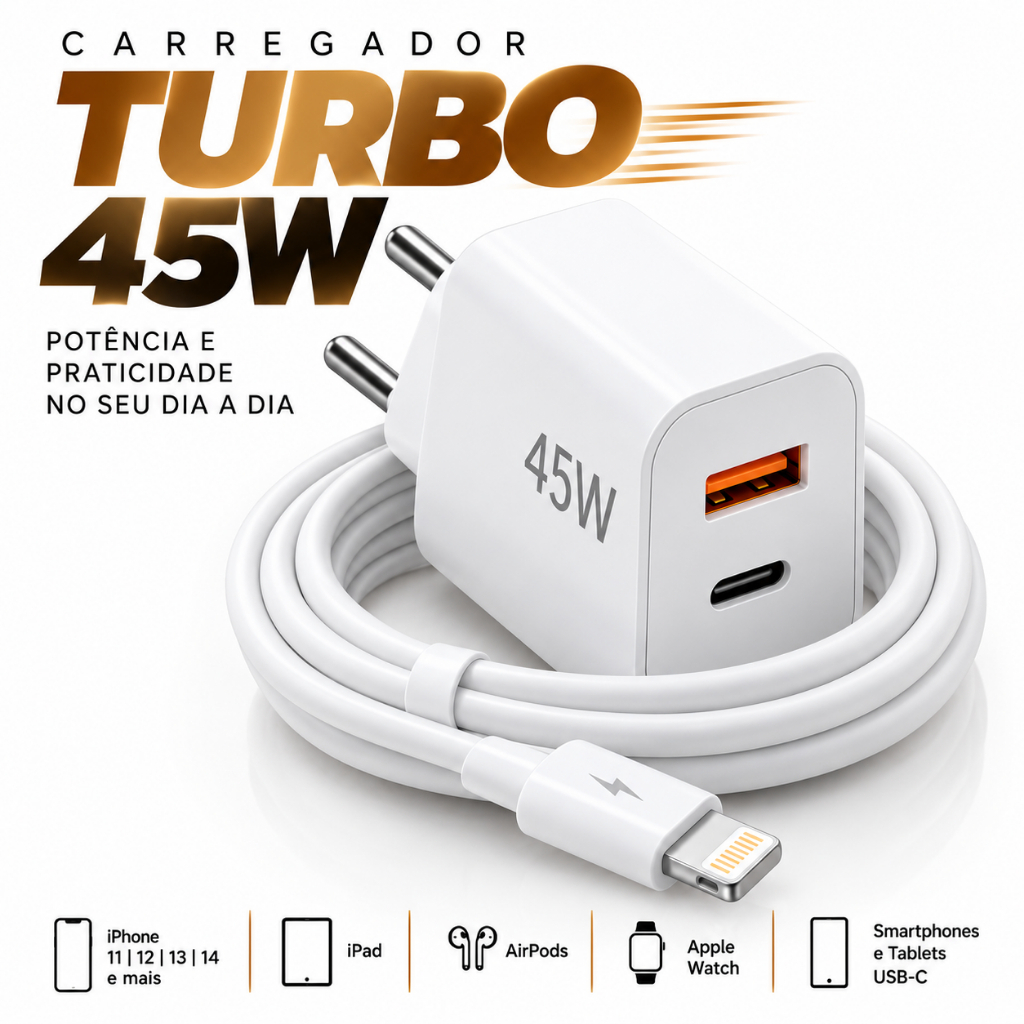 Carregador Turbo Super Rápido 45W iPhone Fonte USB-C Rápida Cabo Lightning Apple Original PD Tipo C