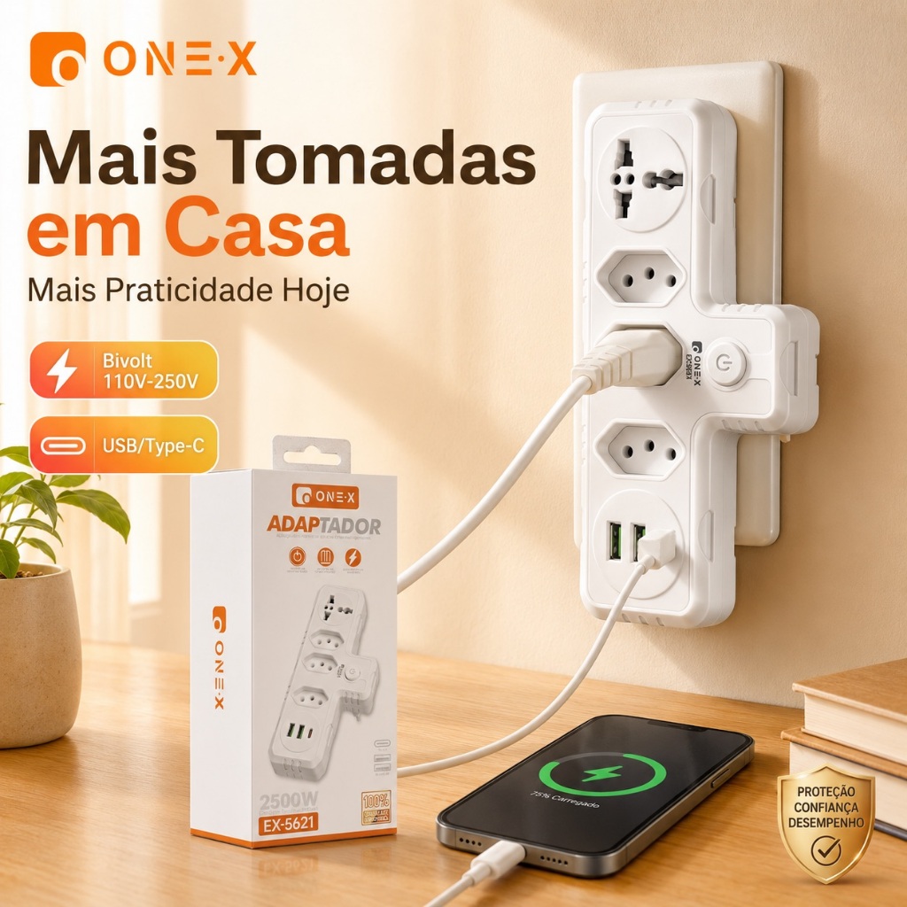 Adaptador de Tomada com 3Tomadas, 2 USB e 1 USB-C - Alta Potência e Segurança