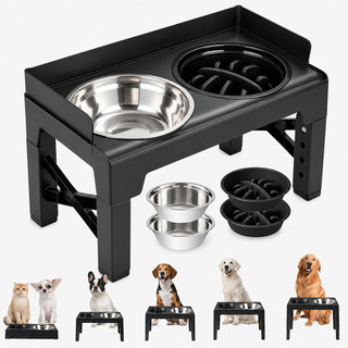 Comedouro Elevado Ajustavel para Caes e Gatos 5 Alturas com Tigelas Inox e Comedouro Lento