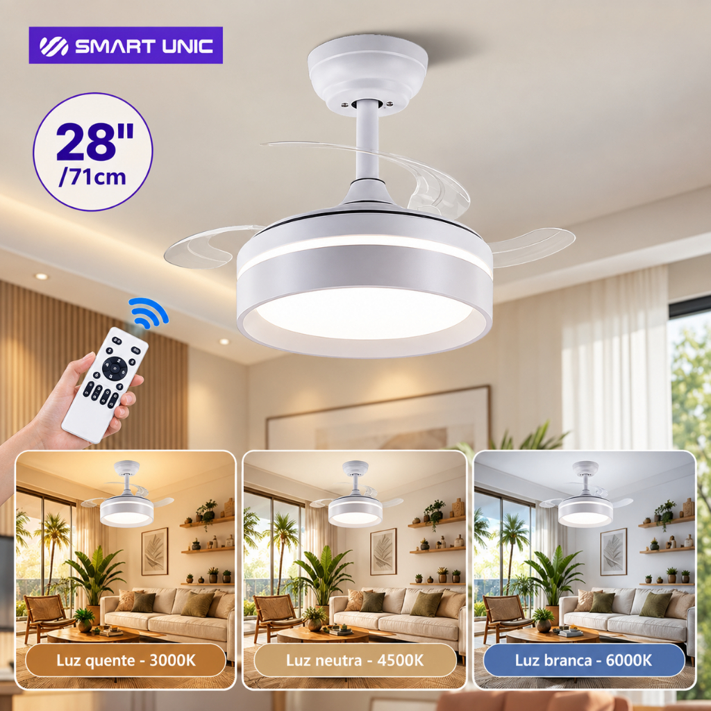 Smart Unic Ventilador De Teto Silencioso 71cm Led Com Controle Remoto 127/220v Bivolt
