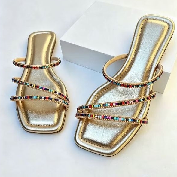 Sandália rasteirinha feminina com tiras de brilho strass colorido / confortável lançamento moda casual
