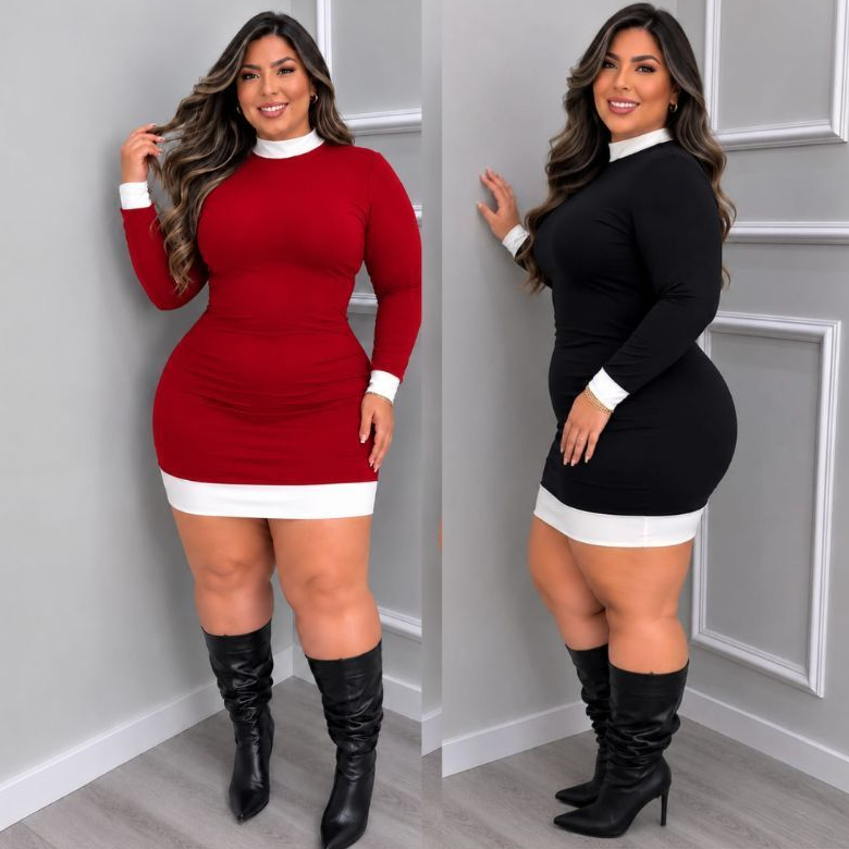 Vestido Plus Size  Manga longa Gola Alta Bicolor